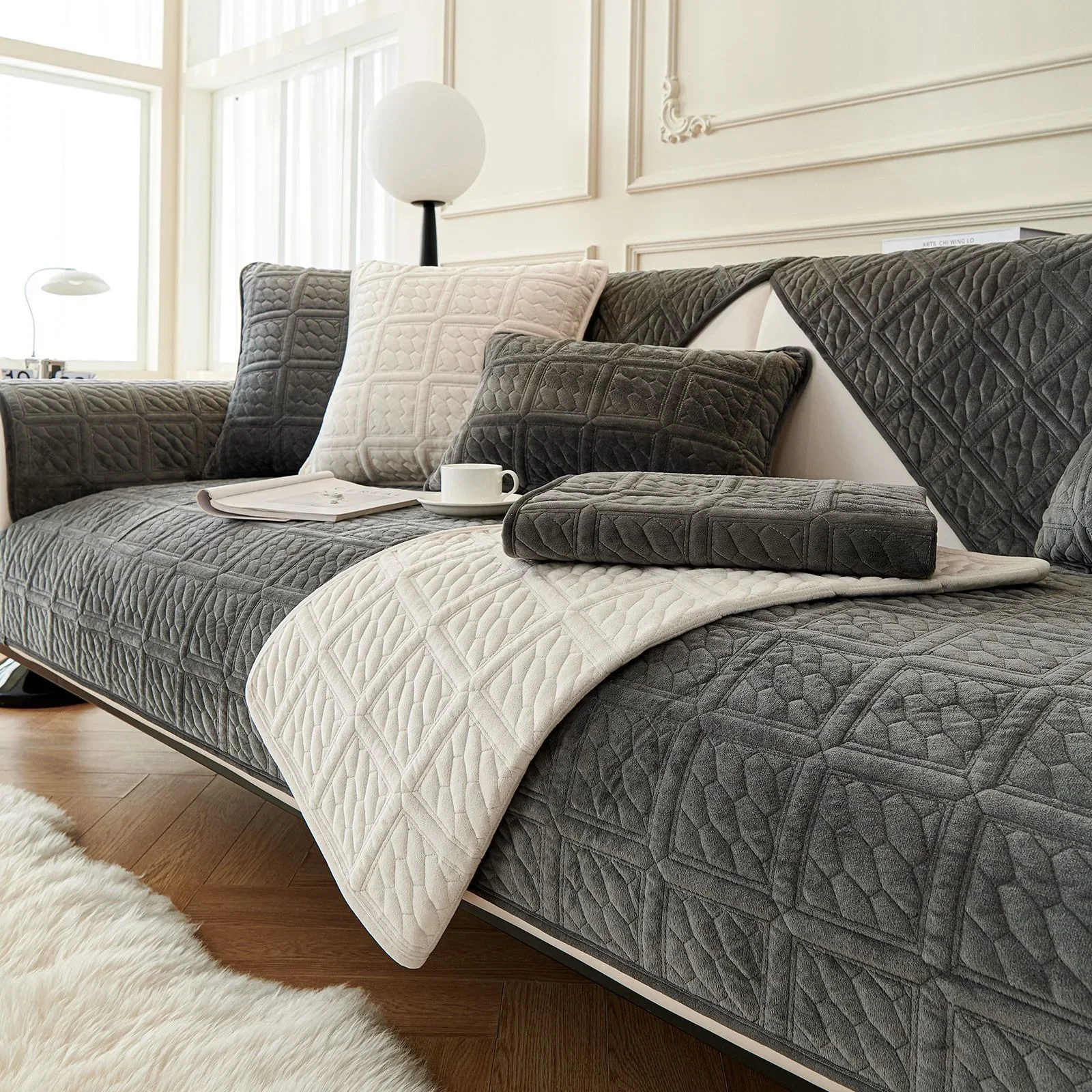 Flannel Sofa Cover Gray Quilted Non Slip Couch Cushion Protector Soft Warm Plush Slipcover for Winter Living Room Decor 1pc