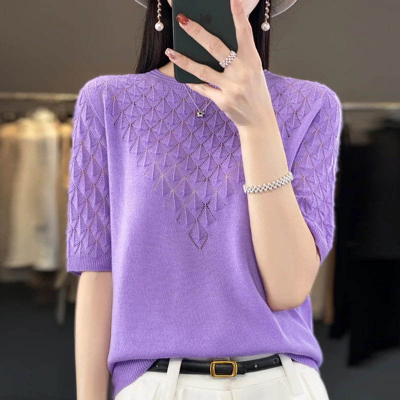 2024 Spring and Summer Women cashmere sweater short sleeve Women knitted Hollow short sleeve solid color casual short sleeve