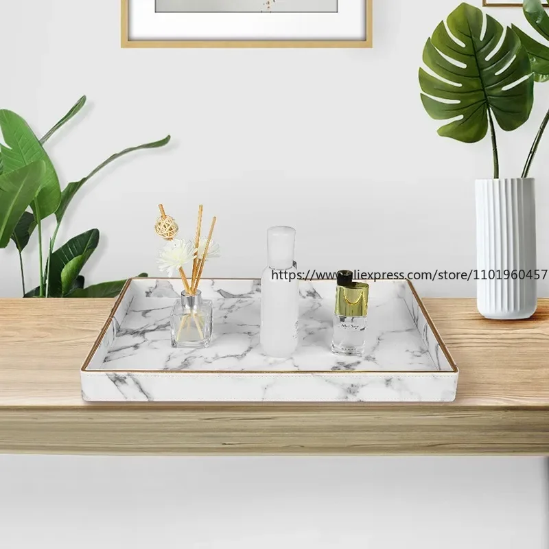

Large Gold Rim Serving Tray Marble Leather Tea Cup Sets Tray Kitchen Storage Box Fruit Food Cup Holder Tray Home Decoration