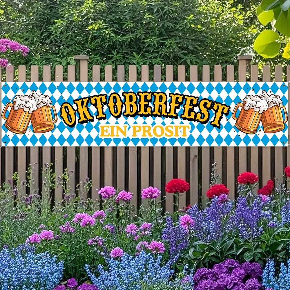 Oktoberfest Banner - Bavarian Blue and White Diamond Pattern with German Text and Beer Cup Pattern