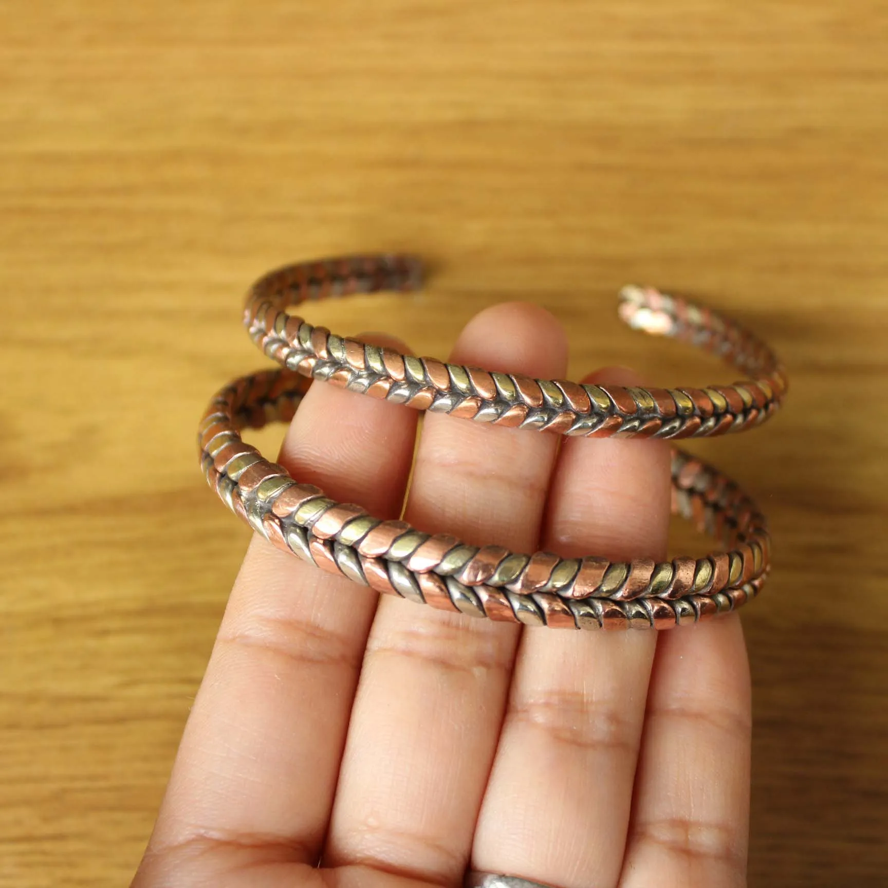 BR493 Handmade Nepal Jewelry Tibetan 3 Color Copper Metal Braided Open Back Adjustable Bracelet Cuff Bracelet For Women