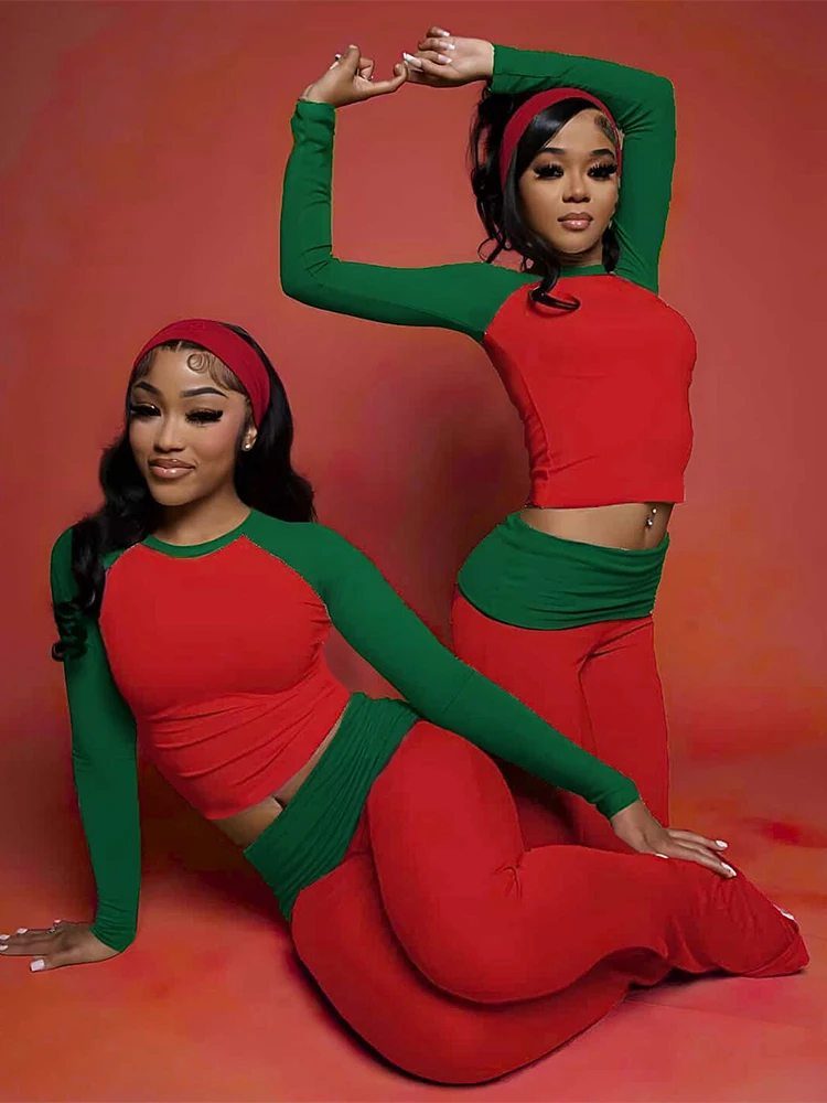 Спортивный костюм Sisterlinda, комплект из 2 предметов, женские рождественские лоскутные укороченные топы + длинные брюки, уличная одежда, спортивные повседневные эластичные простые наряды