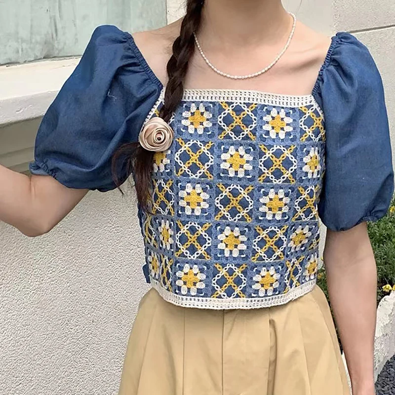 HELIAR Women Denim Puff Sleeve Sweet Shirt Floral Embroidery Boho Crop Top Patchwork Hollow Out T-shirt Cute Pleated Top Summer