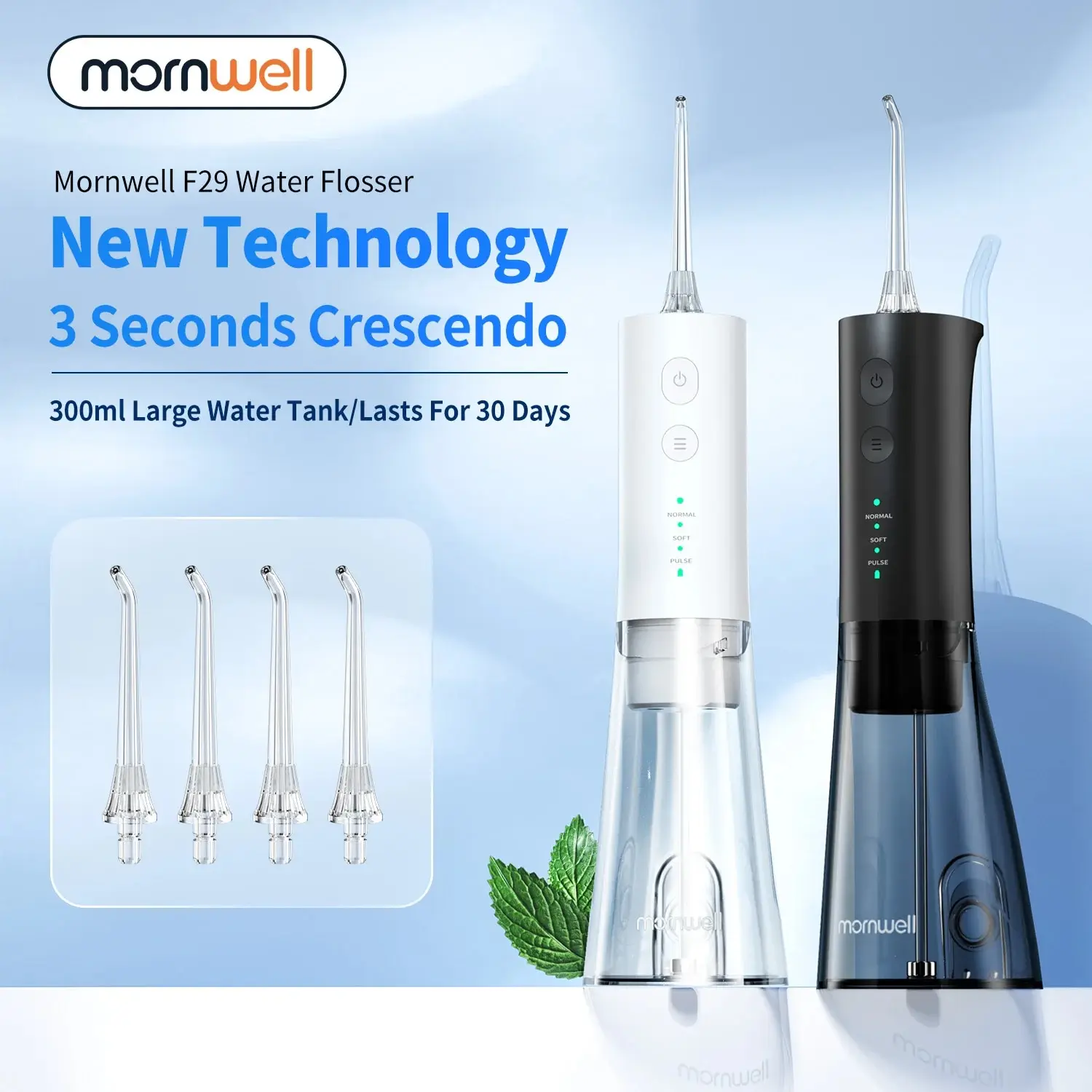 Mornwell F29 Oral Irrigator Dental Water Jet 3 Mode Water Flosser for Teeth Rechargeable Portable 280ML Water Tank Teeth Cleaner