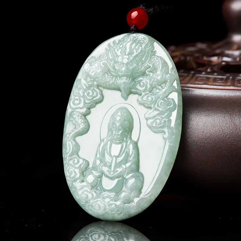 Natural Burmese A-grade Jade Dragon Guardian Guanyin Ice Jadeite Pendant For Men's Charms Necklace For Women's Jewelry Drop ship