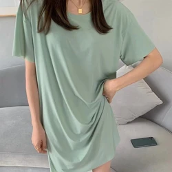 Women Short Sleeve Oversize T-Shirt Dress Solid Color A-Line Lounge Sleepshirt