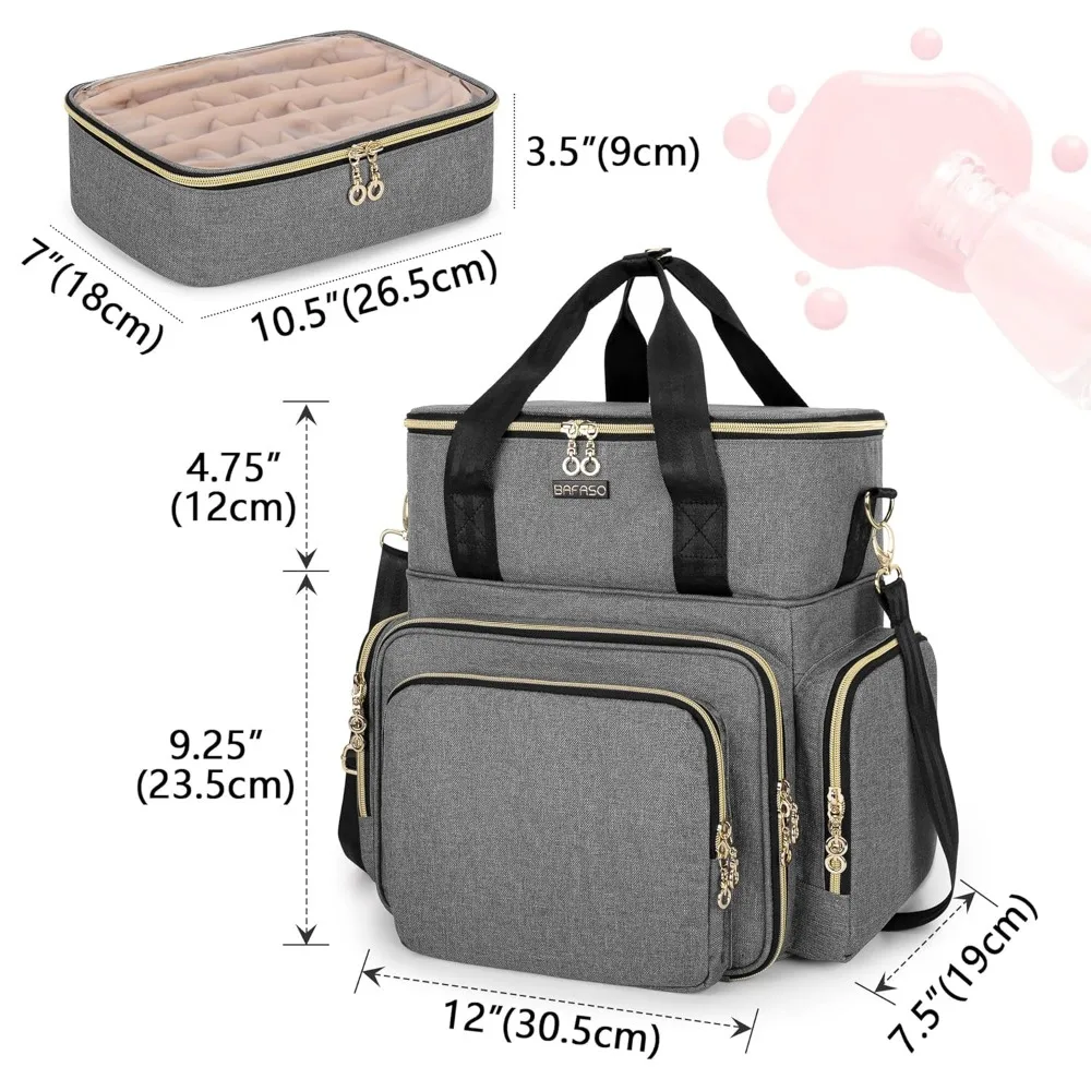 Double Layer Nail Polish Organizer Holds 70 Bottles with Nail Dryer, 2 Removable Pouches & Tools Storage Sections, Gray