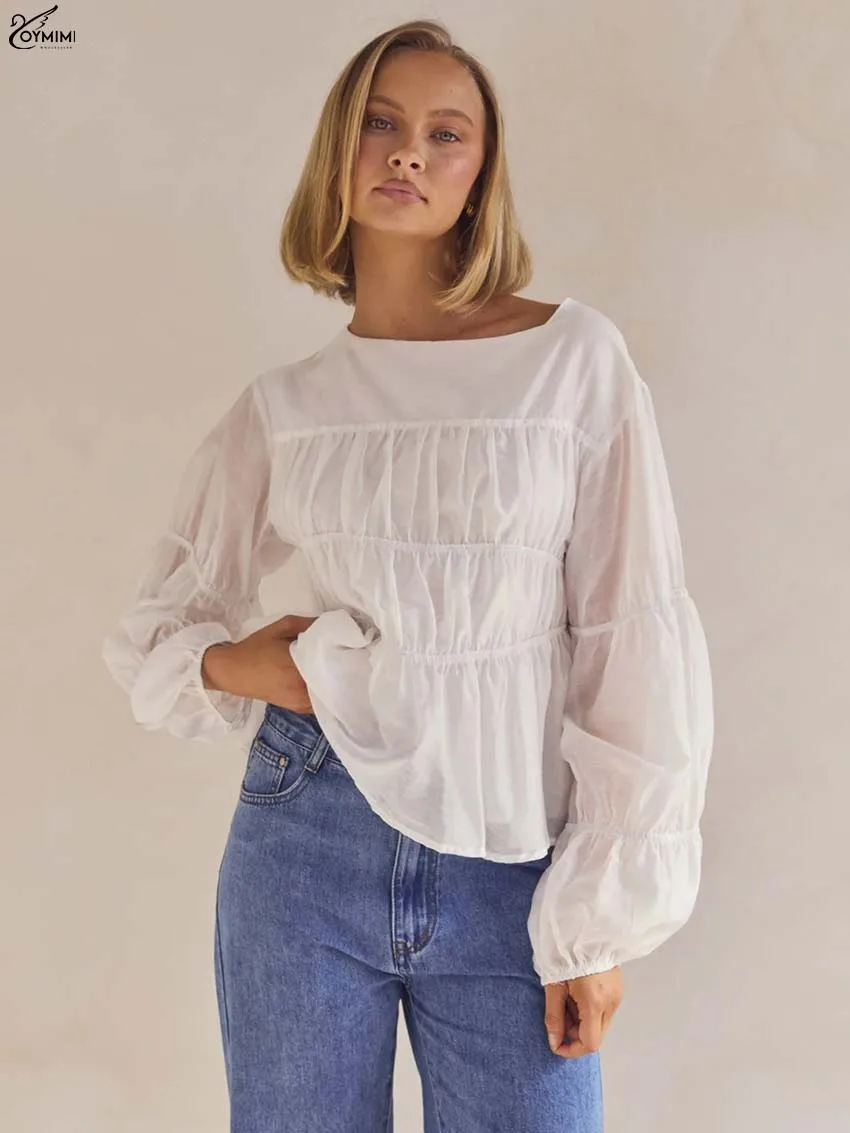 Oymimi Fashion White O-Neck Women's Blouse Elegant Long Sleeve Pleated Loose Blouses Autumn New Solid Female Blouse Streetwear