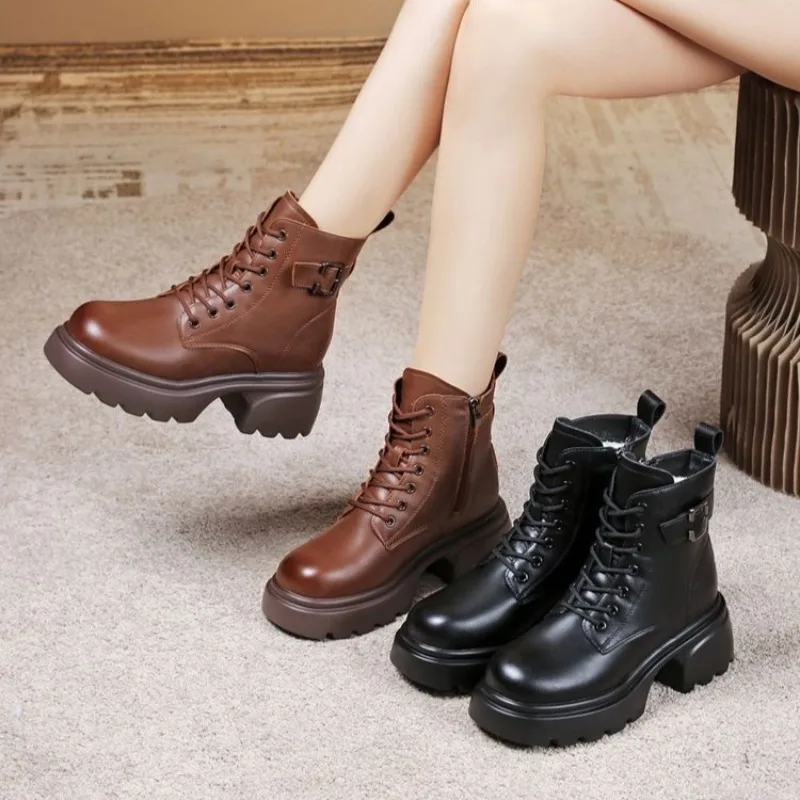 

Women Warm High Top Boots 2025 Winter Daily Lace-up Thick Bottom Snow Boots Fashion No Slip Black Women Short Boot Zapatos Mujer