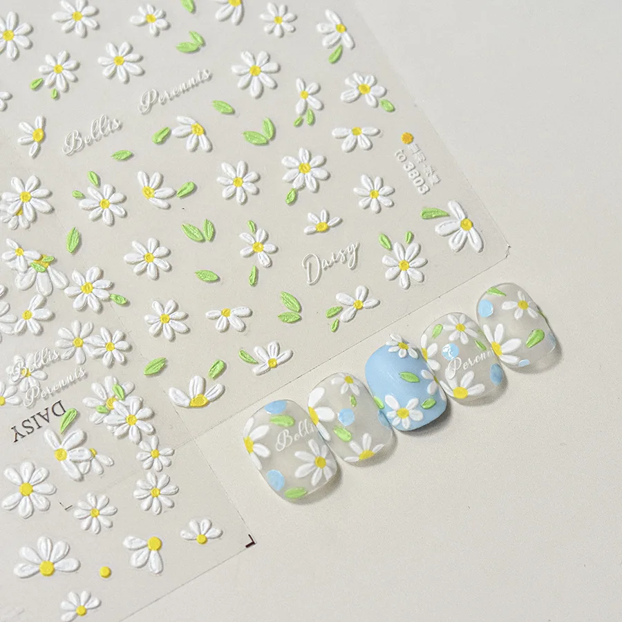 Japanese Style Little Daisy Flower Nail Art Stickers 5D Adhesive Transfer Nail Decorations Slider Decals DIY