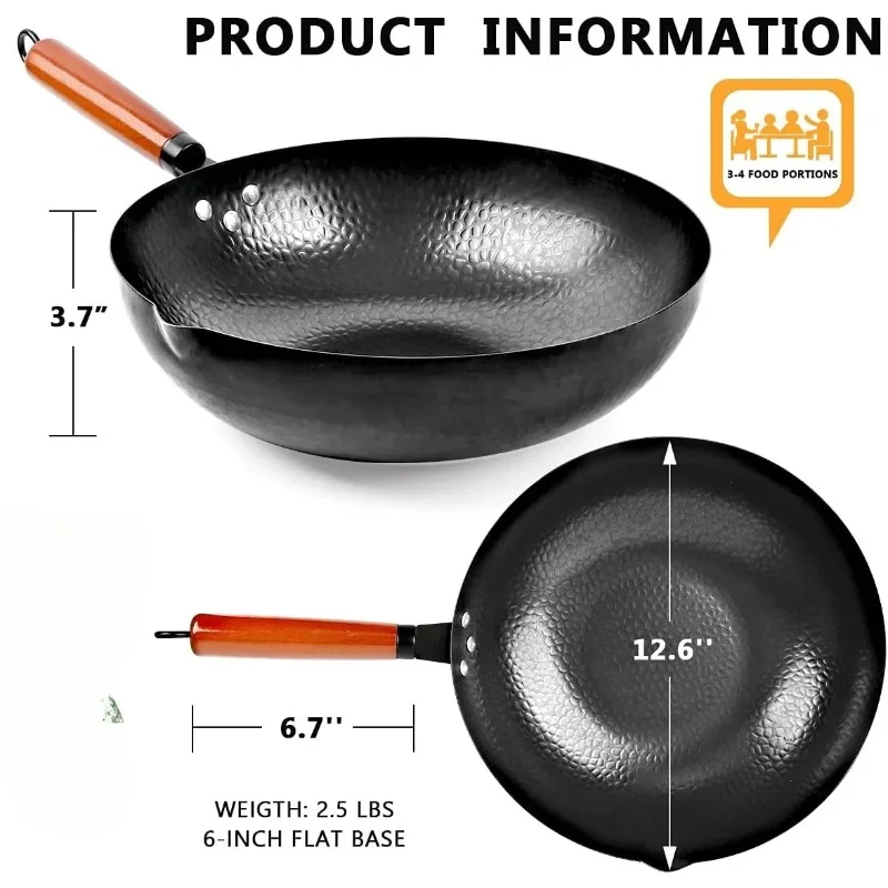 Carbon Steel Wok Pan, 14 count Woks & Stir-Fry Pans Set with Wooden Lid Cookwares, No Chemical Coated Flat Bottom Chinese Pan