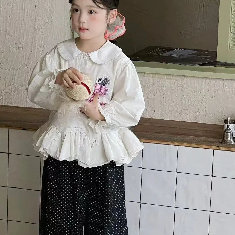 

2026 New Girls' Spring Autumn Lace Trim Shirt Children's White Fashionable Collar Long Sleeve Doll Shirt Casual Feminine Top