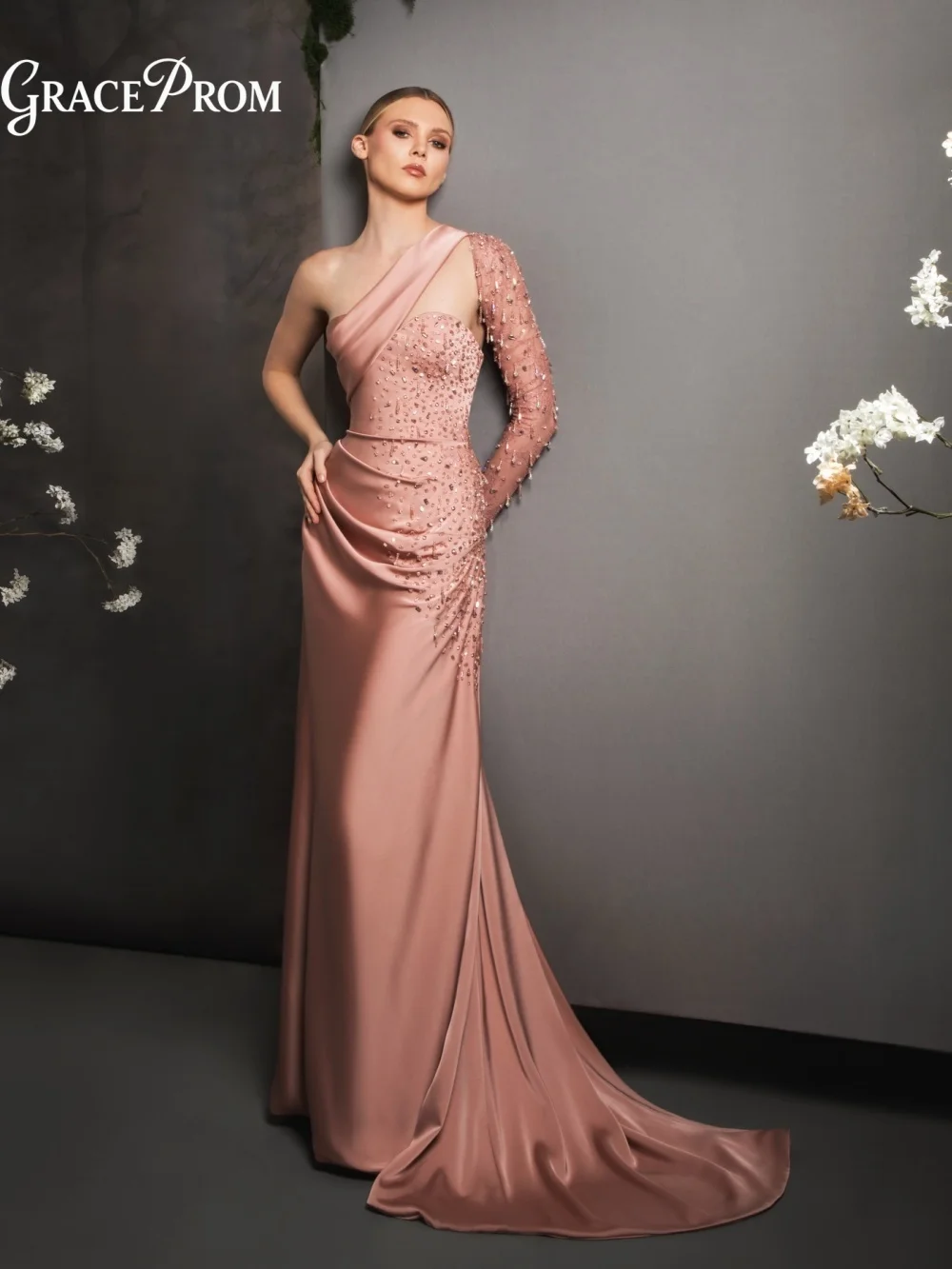 

Elegant Dusty Pink One Shoulder Evening Gown 2026 Beaded Long Sleeve Satin Mermaid Party Dress For Wedding Guests فساتين سهرة