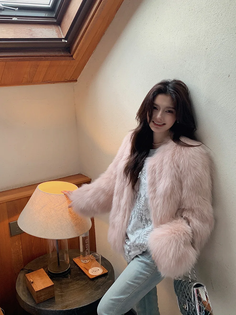 Chique rua meninas gradiente jaqueta de pele do falso feminino inverno 2024 marca moda fofo casaco de pele de raposa feminino luxo outerwear