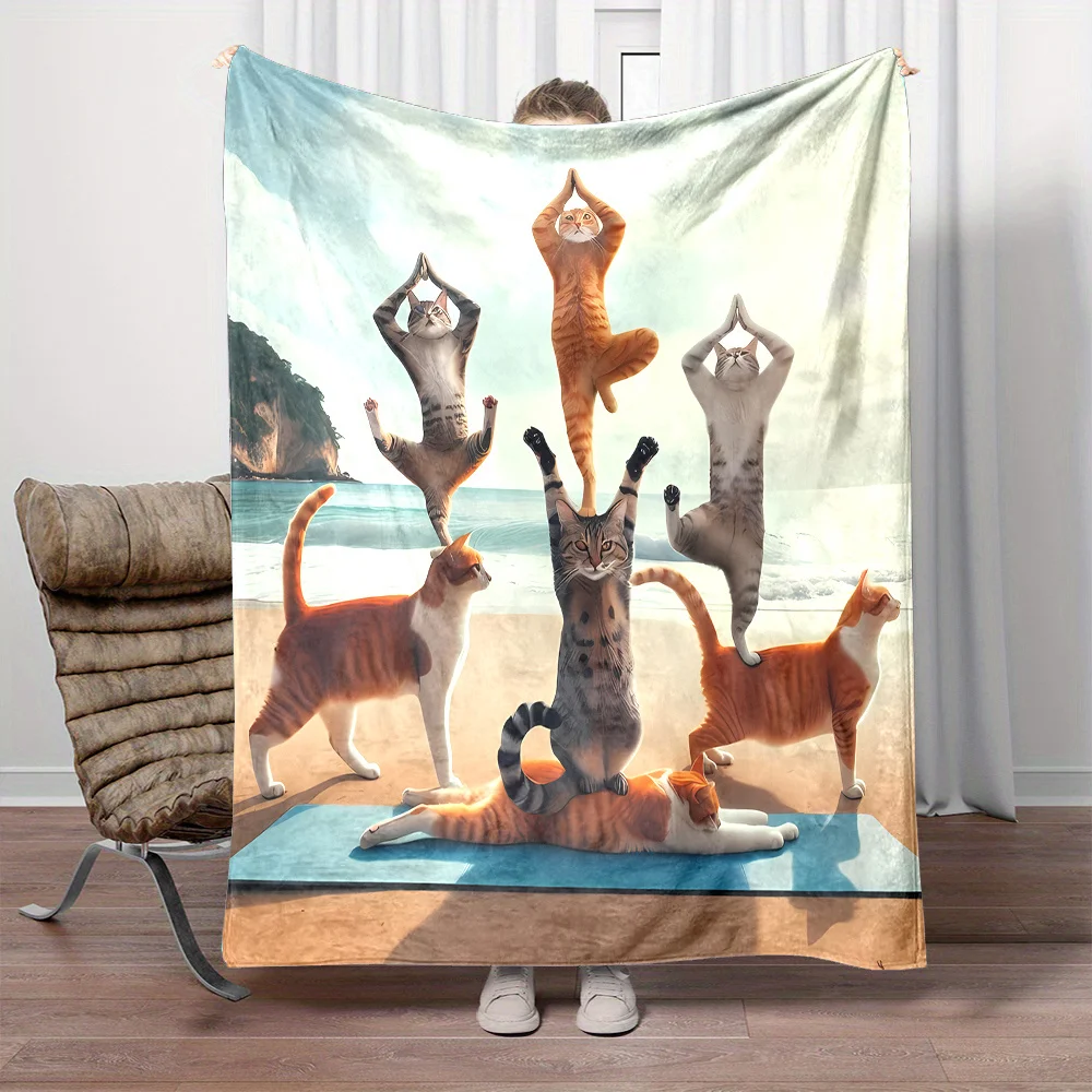 1pc Whimsical Yoga Cats Print Flannel Throw Blanket - Reversible All-Season Cozy Non- Fabric,  Heavyweight, Golden-Ton
