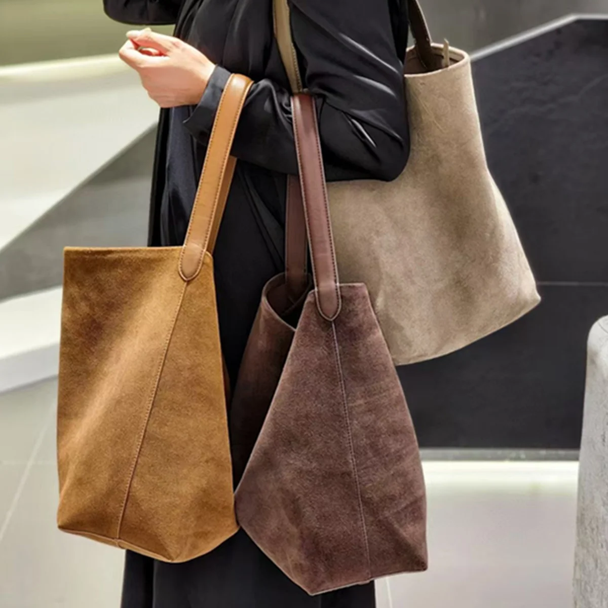 

Jenny&Dave Minimalist Frosted Suede Leather Vintage Bag For Women's Fashion Large Capacity Single Shoulder Bucket Bag Lady
