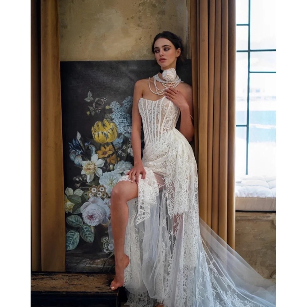 فساتين حفلات الزفاف الأنيقة للنساء بدون حمالات من الدانتيل فساتين سهرة طويلة مطوي على شكل حرف A فستان رسمي للحفلات الراقصة 2025 مخصص