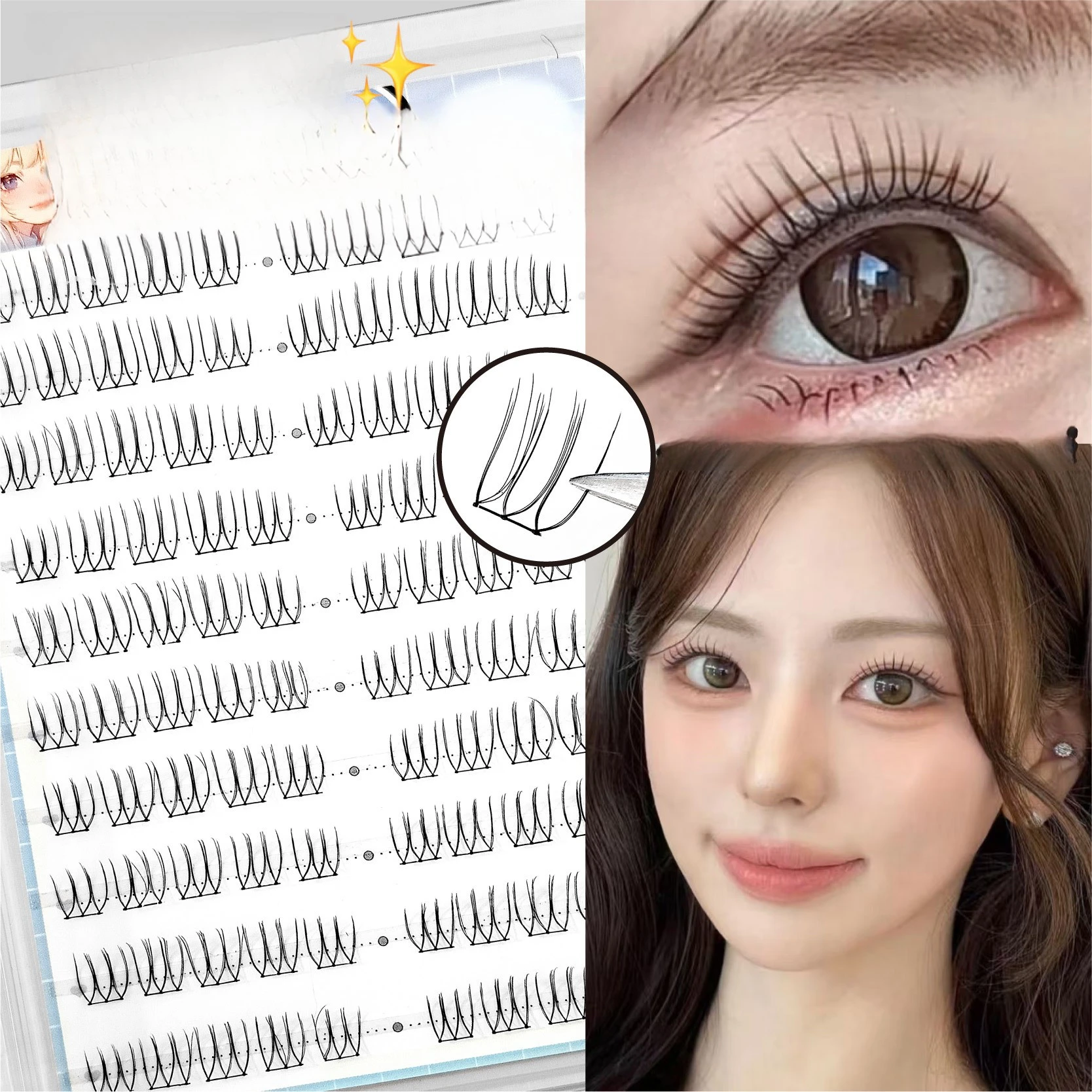 Jiefuxin grupos de pestañas 100 Uds. De cuero de mano en forma de U grupo femenino pestañas postizas suaves y cómodas Hada de los ojos de dibujos animados Fa