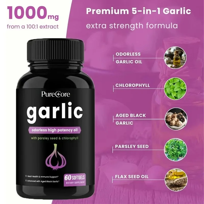 Odorless Garlic Pills - Super Soft Capsules 1000mg Immune Support Supplement Euclid, Chlorophyll, and Black Garlic Extract