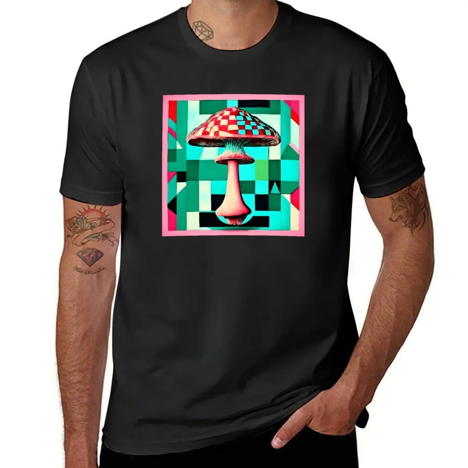 Des agarics mouches d’une beauté fantastique sur fond de motifs en damier bleu et de turquoise. Champignons. T-Shirt