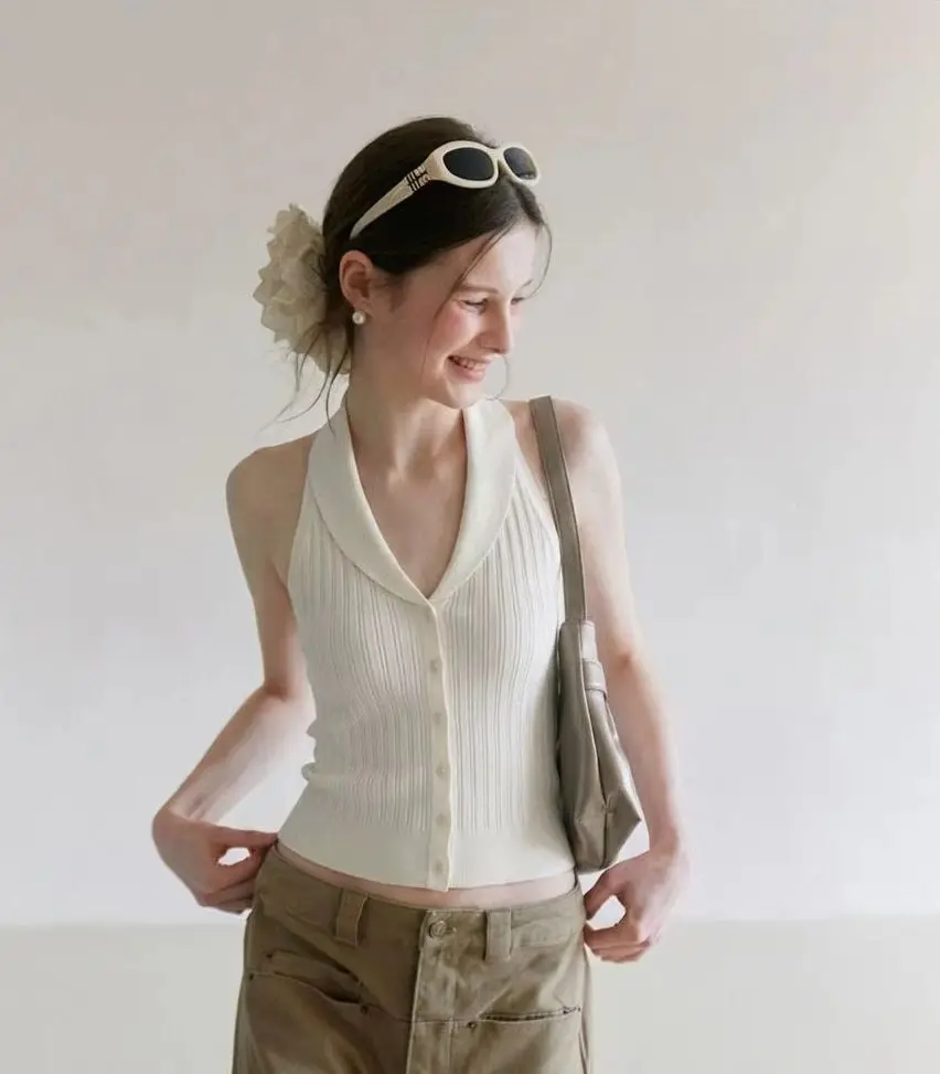 French White Knitted Hanging Neck Vest For Women'S Summer Design, Slim Fit Top For Outerwear