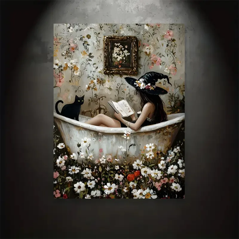

Witch Reading in Bubble Bath with Black Cat Poster,Gothic Art Print,Witch and Black Cat Bathing in Flowers,Abstract Wall Art