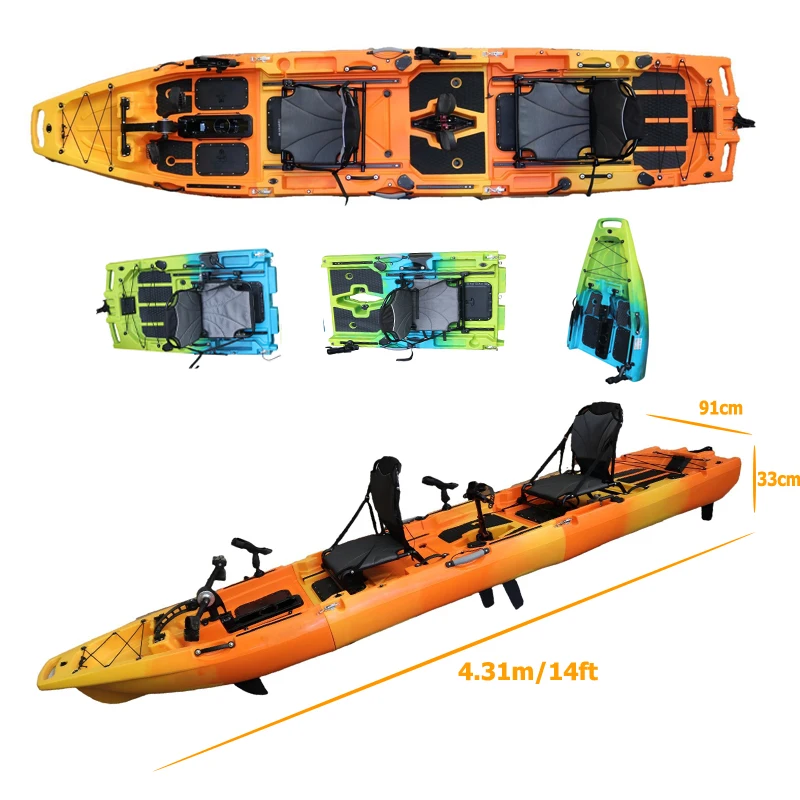 

14ft 3 Sections Fin Propeller Pedal Kayak 2 Person tandem Motorized Foldable Modular Fishing Kayak With Electric Motor for Sea