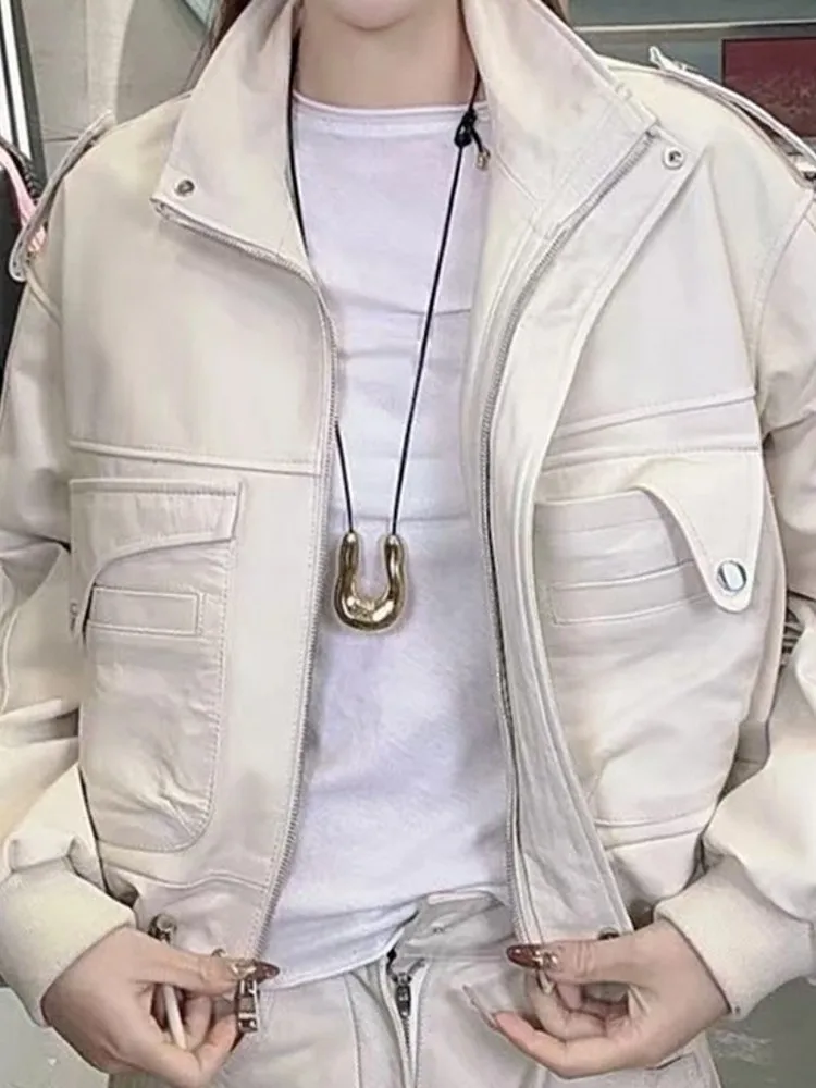 Kurtka motocyklowa damska ze skóry naturalnej owczej na wiosnę i jesień, krótka, ze stójką, skórzana kurtka casual streetwear