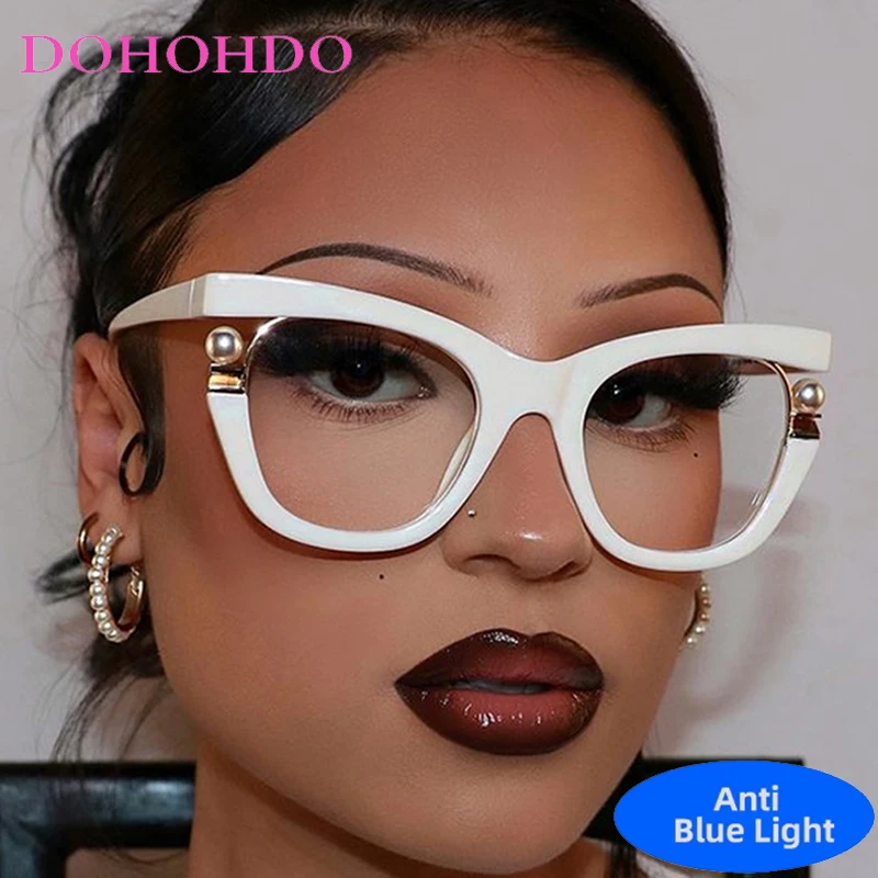 Vintage Brand Designer Pearl Cat Eye Optical Glasses Men Women Trendy Luxury Computer Anti-Blue Light Protection Spectacle Очки