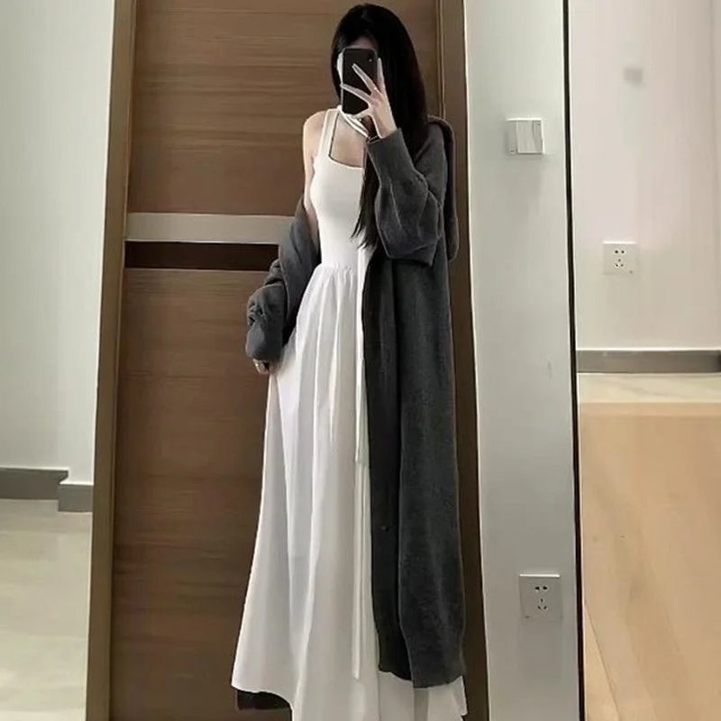 

Mid-Long Cardigans Cashmere Womens Spring Knits V-Nek Kintted Front-Open Printed Half-Open Solid Hooded Cable Outerwear Harajuku