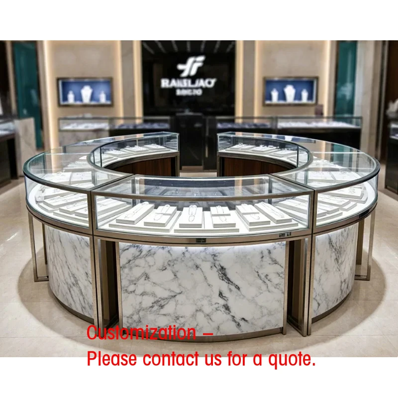 custom.Custom Round Jewelry Display Counter with LED Lighting, Luxury Curved Jewellery Showcase Retail