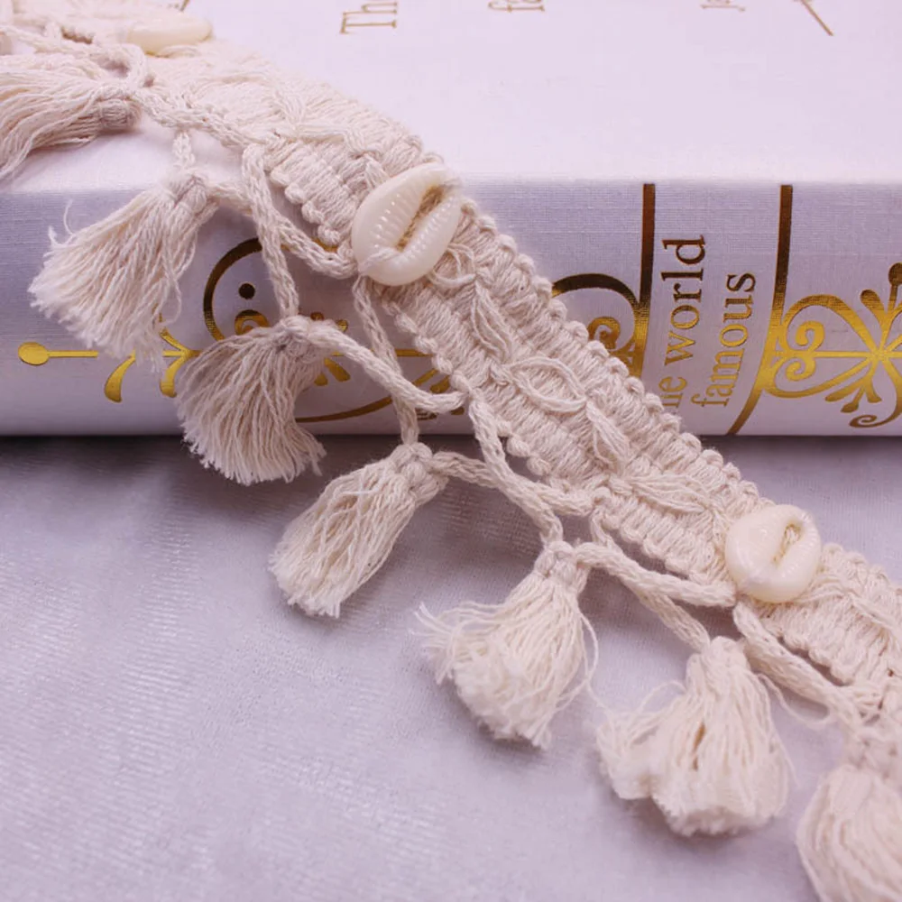 NEW 1 Yard Cotton Tassel Lace DIY Bohemian Beige Lace With Shell Fabric Clothing Accessories For National Clothes Hat Bags Scarf