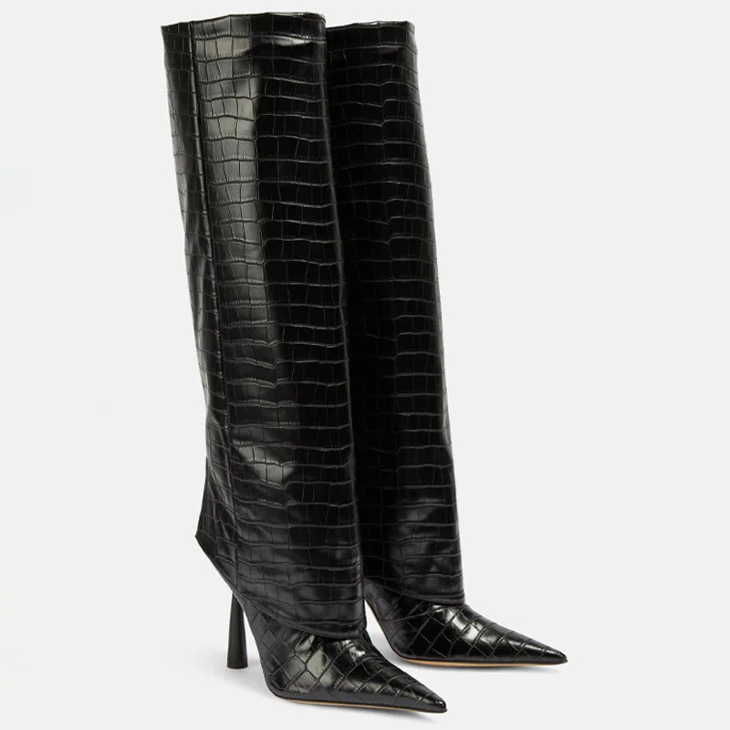 Retro Boots Sewing Botas Knee Pointed Toe Spike Heels Solid Shoes Winter Autumn Zapatos Mujer Elegant Runway Fashion Modern New