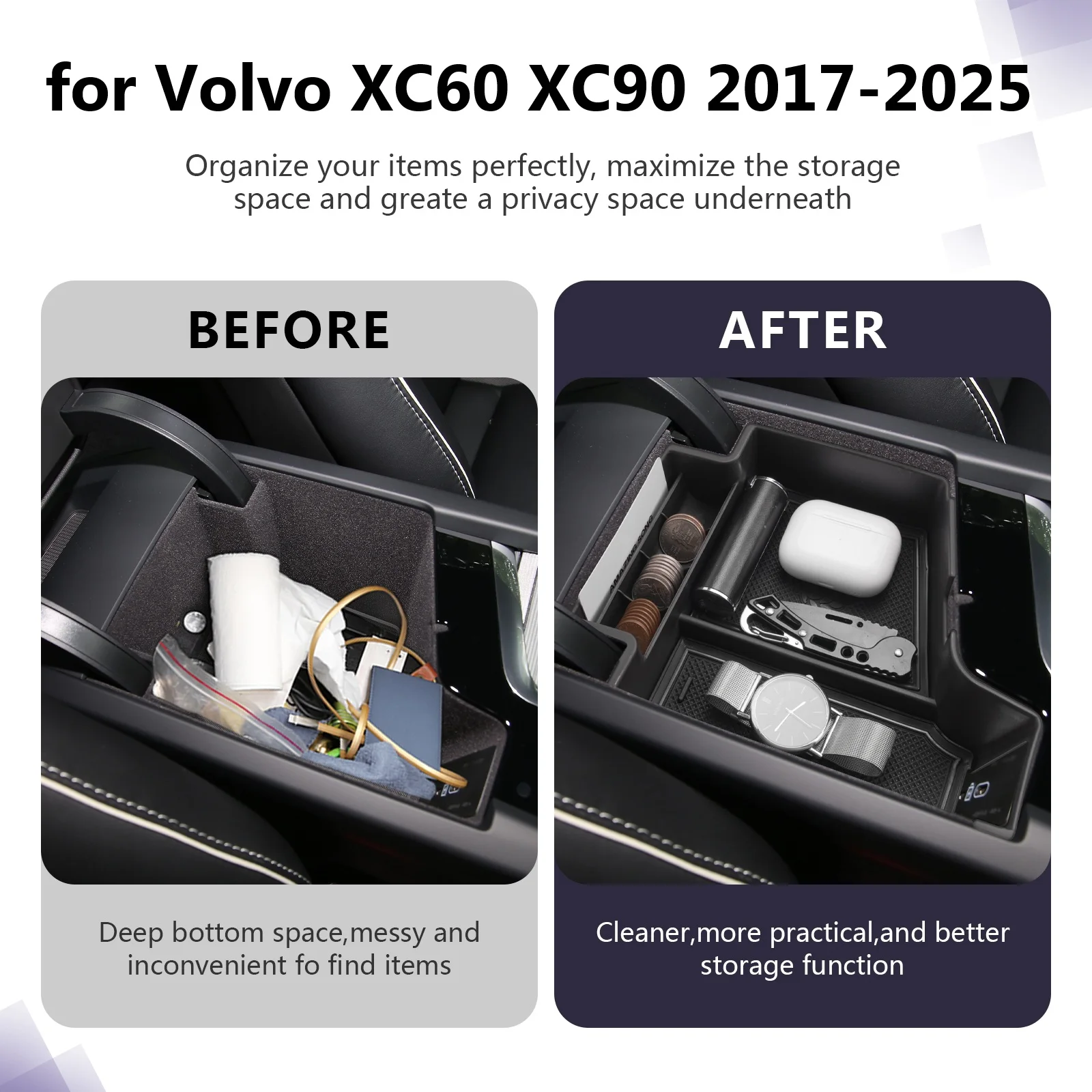 RUIYA für Volvo XC60 XC90 V60 S60 V90 S90 2017-2025 RHD Auto-Armlehnen-Aufbewahrungsbox Auto-Staubox Volvo XC60 XC90 Zubehör – Detail 3
