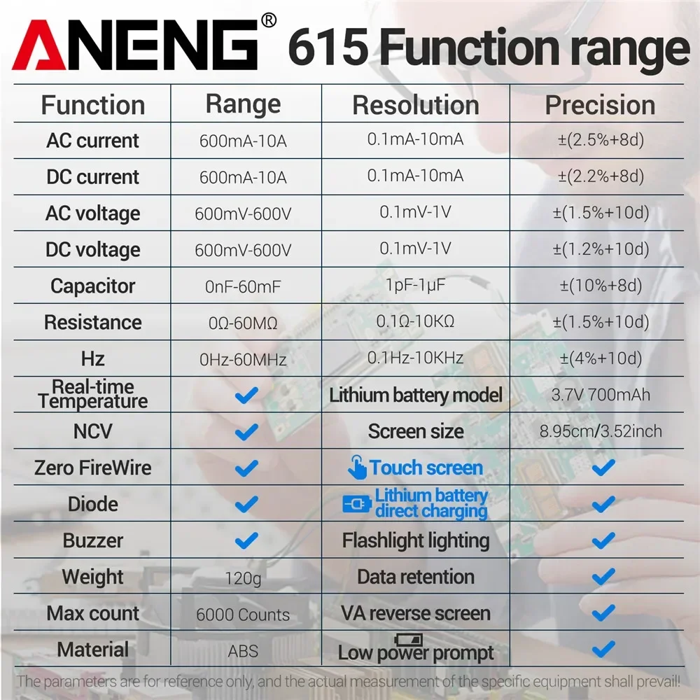 مقياس متعدد رقمي قابل لإعادة الشحن ANENG 615 الذكية التيار المتناوب/تيار مستمر الجهد فاحص التيار اللمس الراقية 6000 التهم أدوات الاختبار المتعددة #6