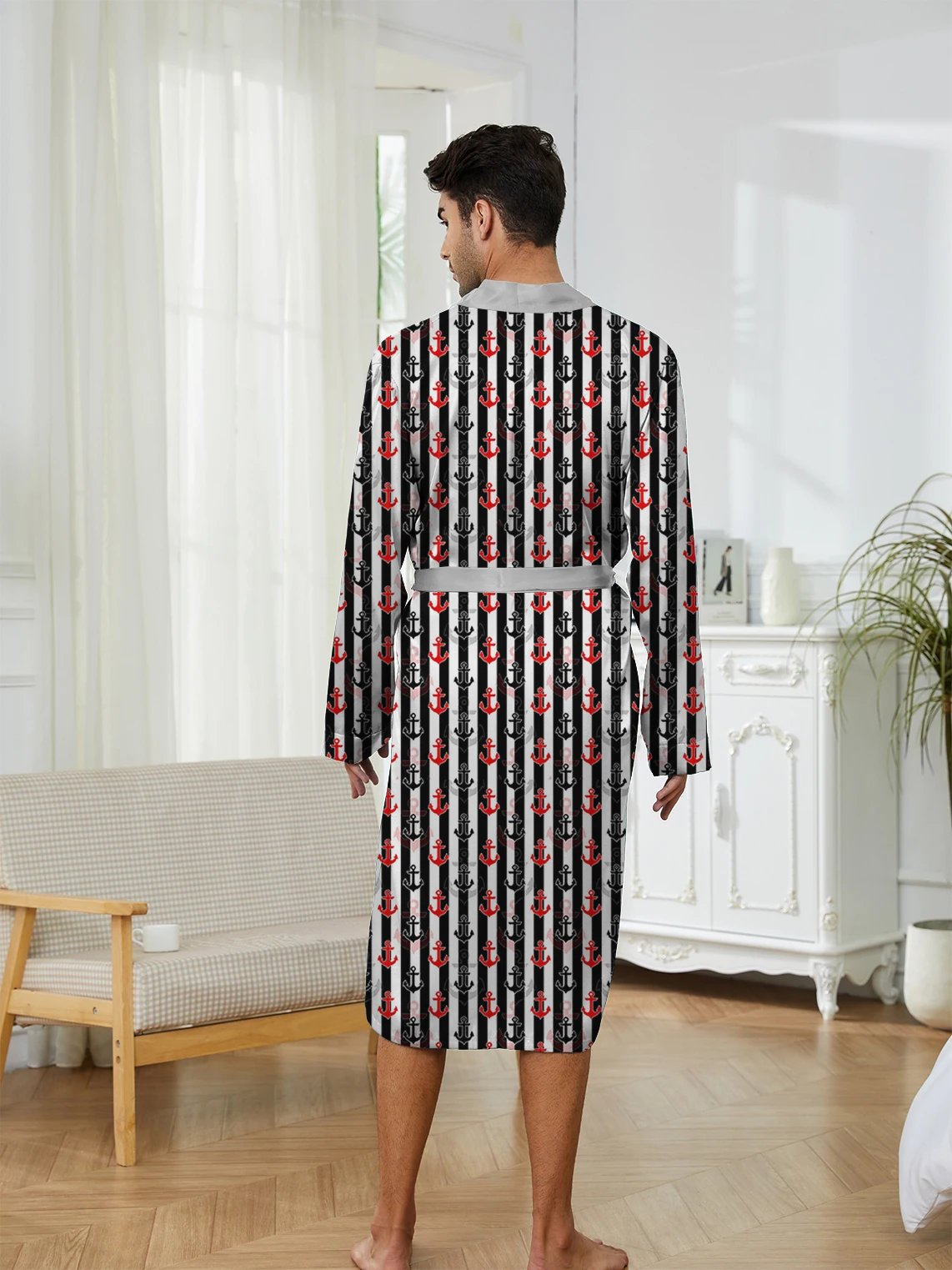 Spring and Autumn men's long robe, home casual nightgown, quick drying boat anchor pattern digital printing fun nightgown.