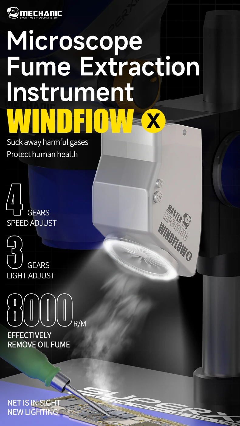 Imagem -04 - Mecânico-windflow x Fume Extração Instrumento Iluminação Led Absorvente de Fumaça Forte para Microscópio Motherboard Reparação de Solda