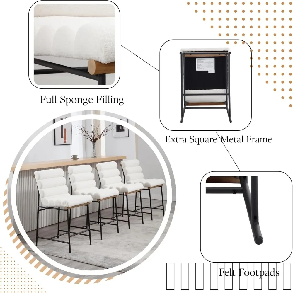 مجموعة مقاعد بار منجدة حديثة مكونة من كراسي بارتفاع عداد مقاس 25 بوصة مع أرجل معدنية سوداء من قماش شيربا ومقاعد جزيرة المطبخ #5