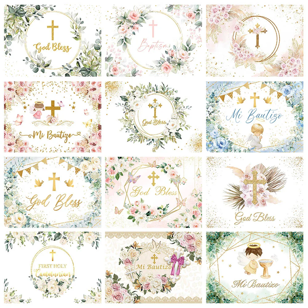 Mocsicka Newborn Baby Baptism Backdrops Decor God Bless Green Golden Leaves First Holy Communion Photo Background Studio Banner