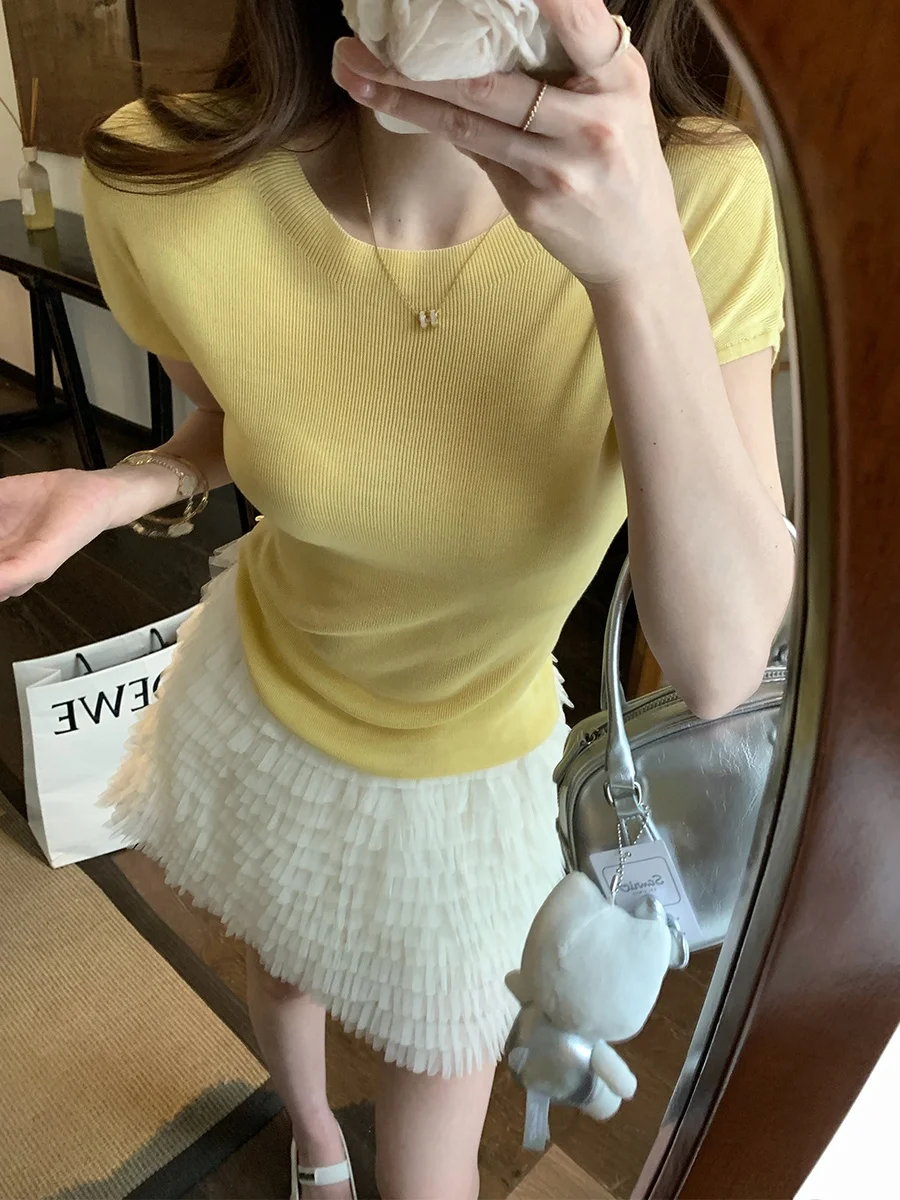 

Женская футболка MUKOK из ледяного шелка, тонкая вязаная, с коротким рукавом, круглым вырезом, простой облегающий топ, летняя новинка, из мягкого волокна Lenzing