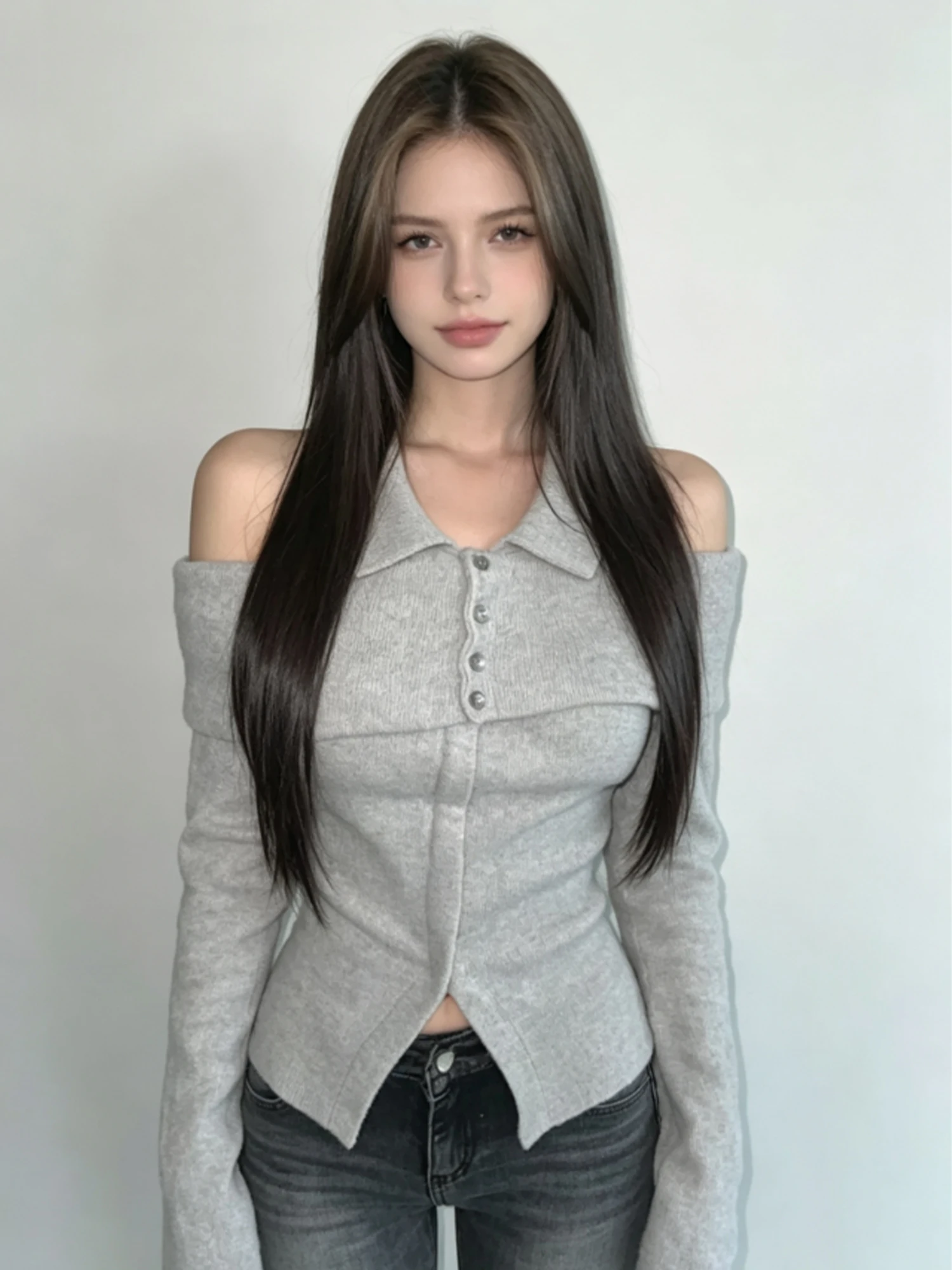 Women Grey Off Shoulder Lapel T-shirt Korean Style Y2K Gyaru Vintage Fashion Elegant Long Sleeve Knit Top for Spring Autumn 2026