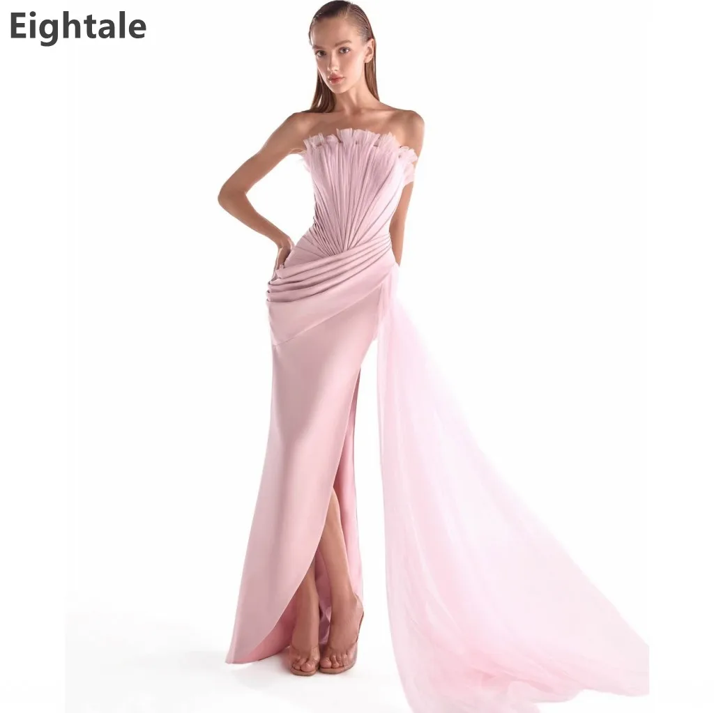 

Eightale Strapless Blush Pink Mermaid Evening Dress with Tulle Fan Bodice Draped Satin Train Formal Prom Party Gown Customized
