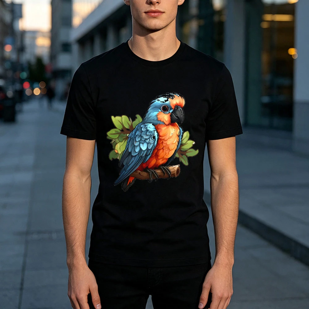 Vibrant Blue Orange Parrot Sitting On Tree Branch Illustration Male White T Shirt Tropical Rainforest Bird Art Tee