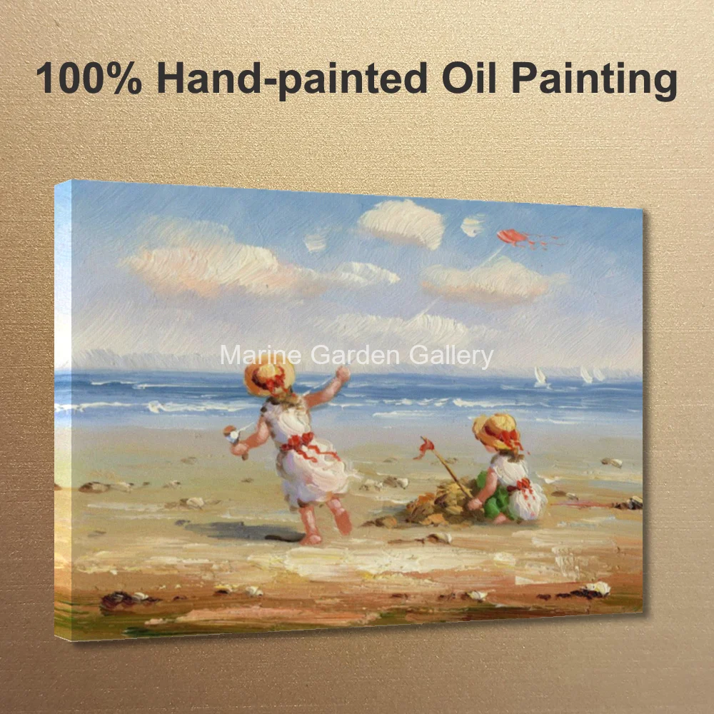 Hand Painted Framed Oil Painting Children Playing on Beach Impressionist Canvas Wall Art for Kids Room Bedroom Modern Decor