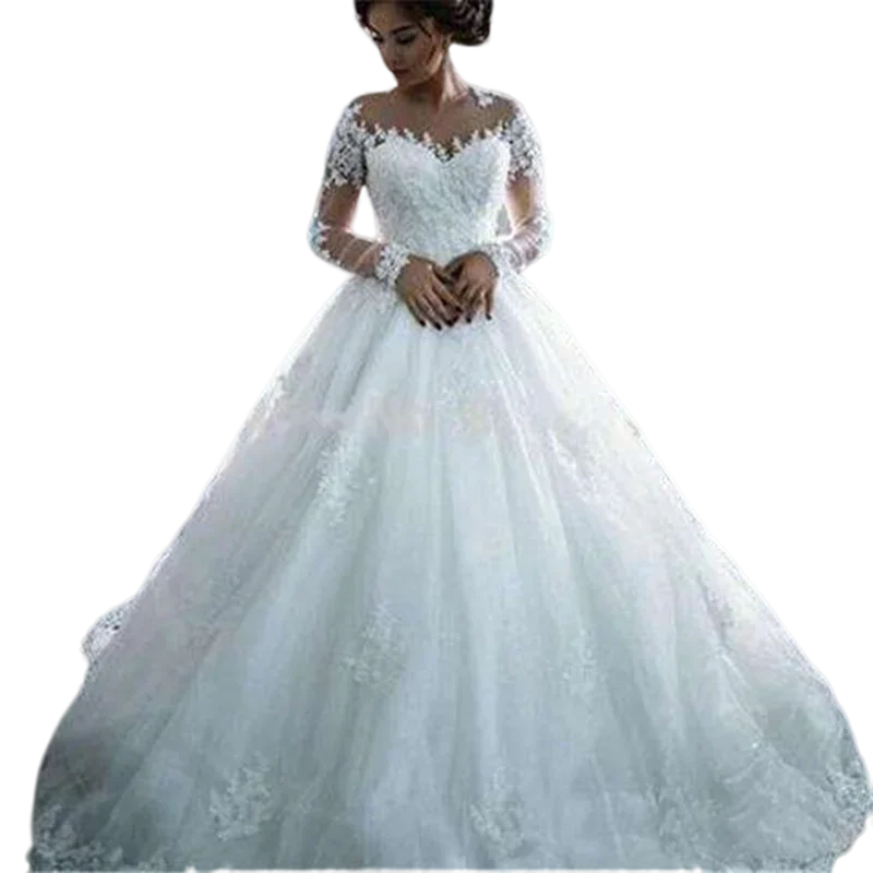 

Customized Classic Illusion Long Sleeves Ballgown Wedding Gowns Sweep Lace Robe De Mariage Bridal Dress