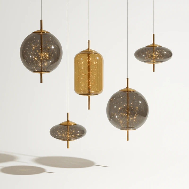 Nordic Starry Sky Glass Pendant Lamp Stars Bedside Chandelier Light Luxury Long Line Smoke Personality Hotel Bar Hanging Lamp