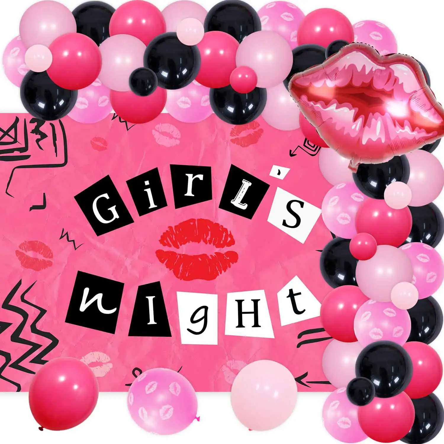 

FANGLELAND Girl's Night Party Decorations Balloon Arch Kit with Backdrop, LipFoilBalloon for Women Y2K Early 2000s BirthdayDecor