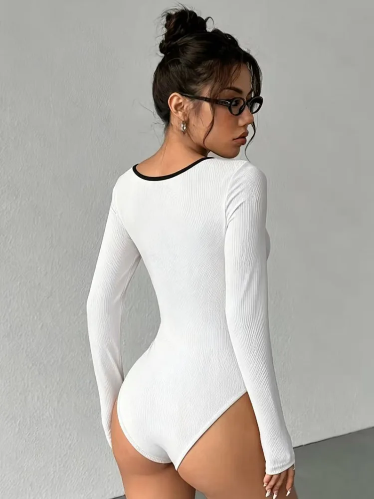 Absobe Women Solid Color Bow Ribbed Bodysuits U Neck Long Sleeve Tight Fit Button Tops Sexy Fashion Streetwear Summer New Outfit view 5