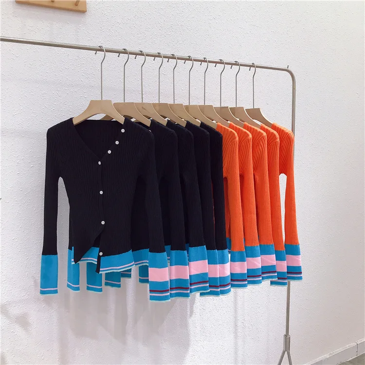 

1789 Hong Kong Style Color Block Irregular Knitted Sweater 2025 Autumn New Slim V-Neck Elegant Cardigan For Women