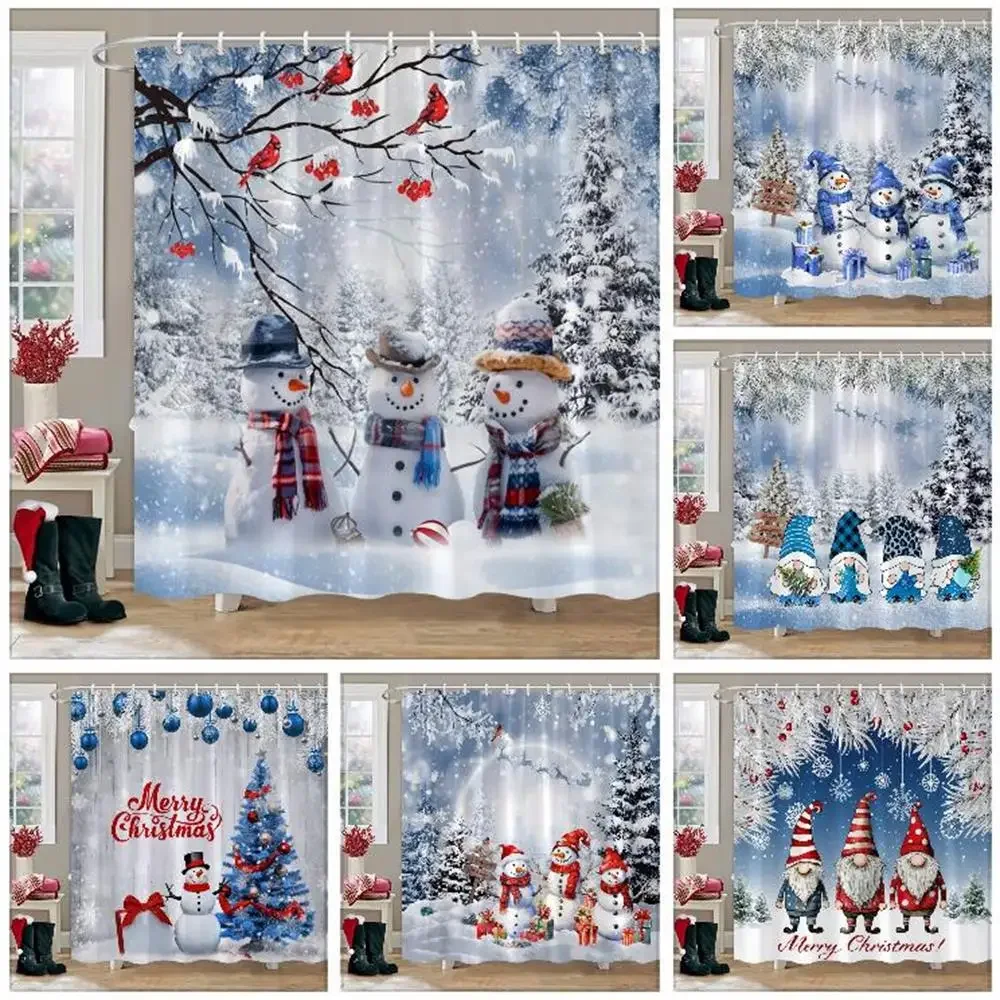 

Winter Blue Background Christmas Shower Curtain Snowman Gift Merry Christmas Polyester Washable Bath Curtain Bathroom Decoration